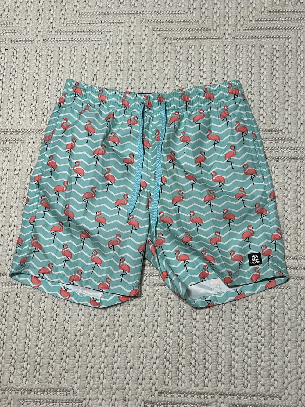 the room Aqua Swim Trunks with Pink Flamingo Print